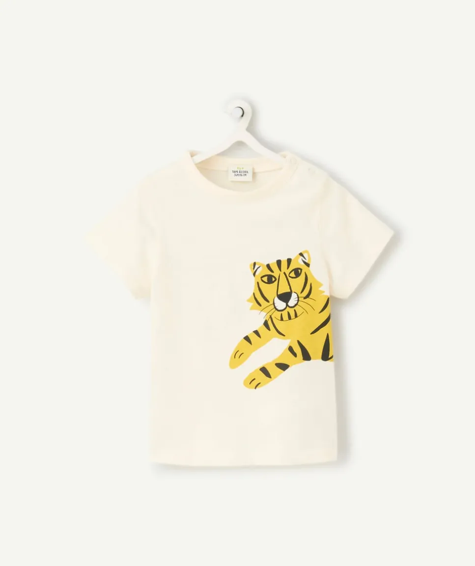 T-shirt manches courtes bébé garçon en coton bio écru avec motif tigre