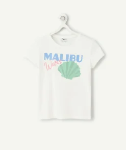 T-shirt manches courtes fille en coton bio blanc motif malibu