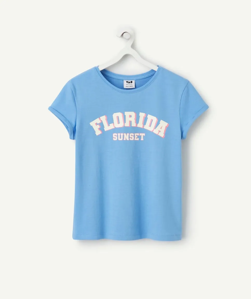 T-shirt manches courtes fille en coton bio bleu message floride