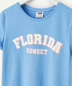 T-shirt manches courtes fille en coton bio bleu message floride