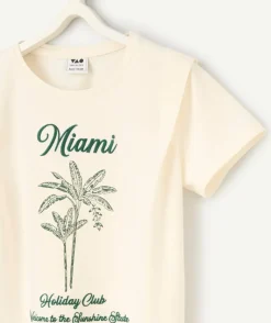 T-shirt manches courtes fille en coton bio écru imprimé miami