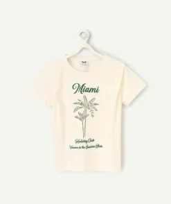 T-shirt manches courtes fille en coton bio écru imprimé miami