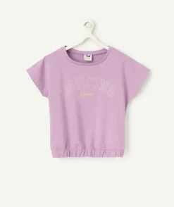 T-shirt manches courtes fille en viscose labellisée violet et message couleur doré