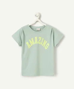 T-shirt manches courtes fille en coton bio vert avec message amazing