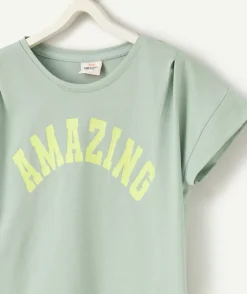 T-shirt manches courtes fille en coton bio vert avec message amazing