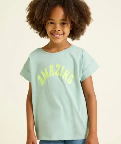 T-shirt manches courtes fille en coton bio vert avec message amazing