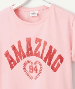 T-shirt manches courtes fille en coton bio rose avec message amazing rouge