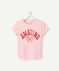 T-shirt manches courtes fille en coton bio rose avec message amazing rouge