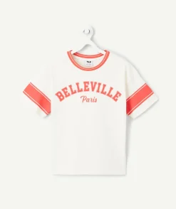 T-shirt manches courtes fille en coton bio écru et rouge