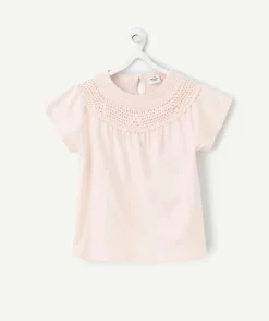 T-shirt manches courtes fille en coton bio rose avec crochet