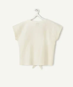 T-shirt manches courtes fille en coton bio écru avec noeud