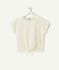 T-shirt manches courtes fille en coton bio écru avec noeud