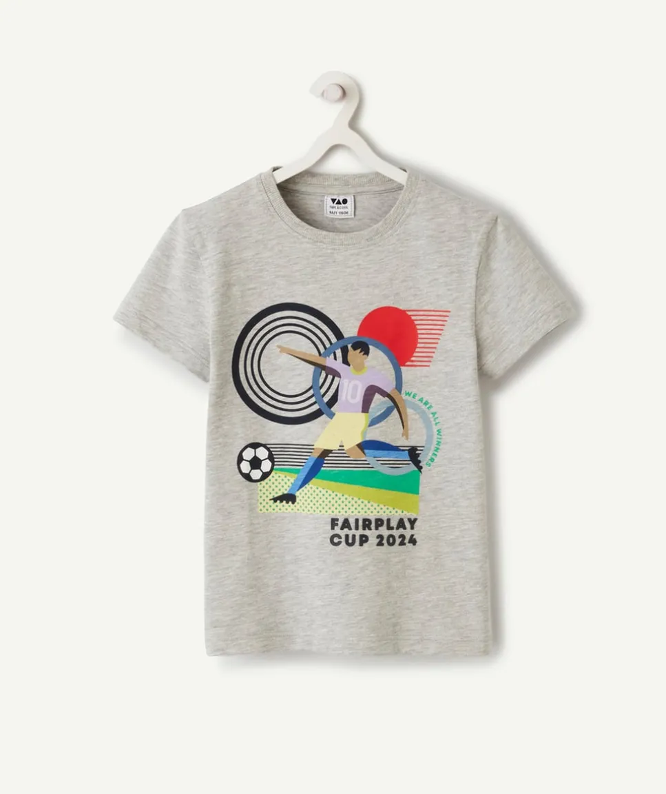 T-shirt manches courtes garçon en coton bio gris thème foot
