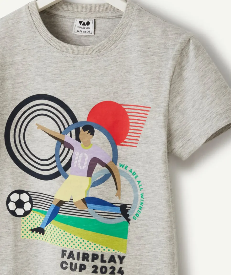 T-shirt manches courtes garçon en coton bio gris thème foot