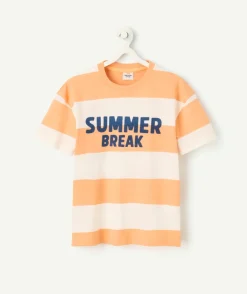 T-shirt manches courtes garçon en coton bio rayé orange et écru message summer