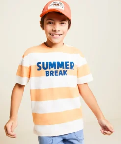 T-shirt manches courtes garçon en coton bio rayé orange et écru message summer