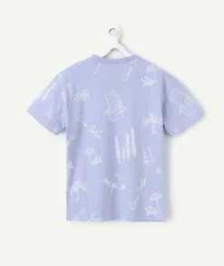T-shirt manches courtes garçon en coton bio mauve avec imprimé