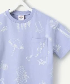 T-shirt manches courtes garçon en coton bio mauve avec imprimé