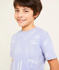 T-shirt manches courtes garçon en coton bio mauve avec imprimé