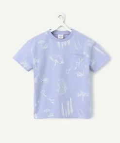 T-shirt manches courtes garçon en coton bio mauve avec imprimé