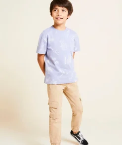 T-shirt manches courtes garçon en coton bio mauve avec imprimé