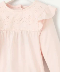 T-shirt manches longues bébé fille en coton bio rose pâle avec broderies