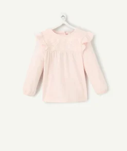 T-shirt manches longues bébé fille en coton bio rose pâle avec broderies