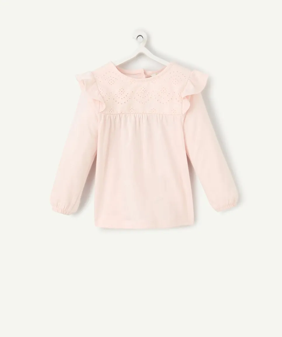 T-shirt manches longues bébé fille en coton bio rose pâle avec broderies