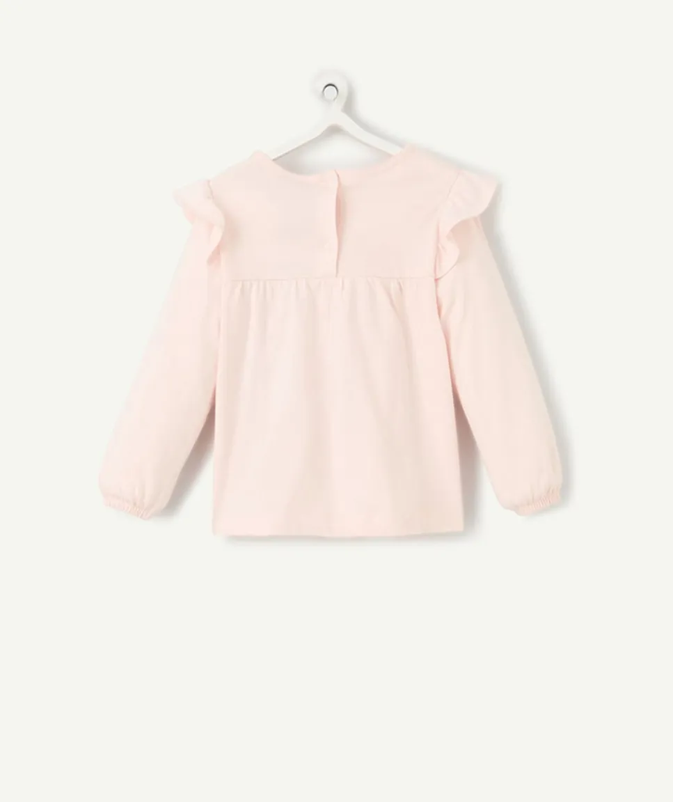 T-shirt manches longues bébé fille en coton bio rose pâle avec broderies