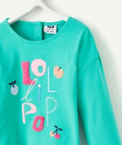 T-shirt manches longues bébé fille en coton bio vert avec détails bouclettes