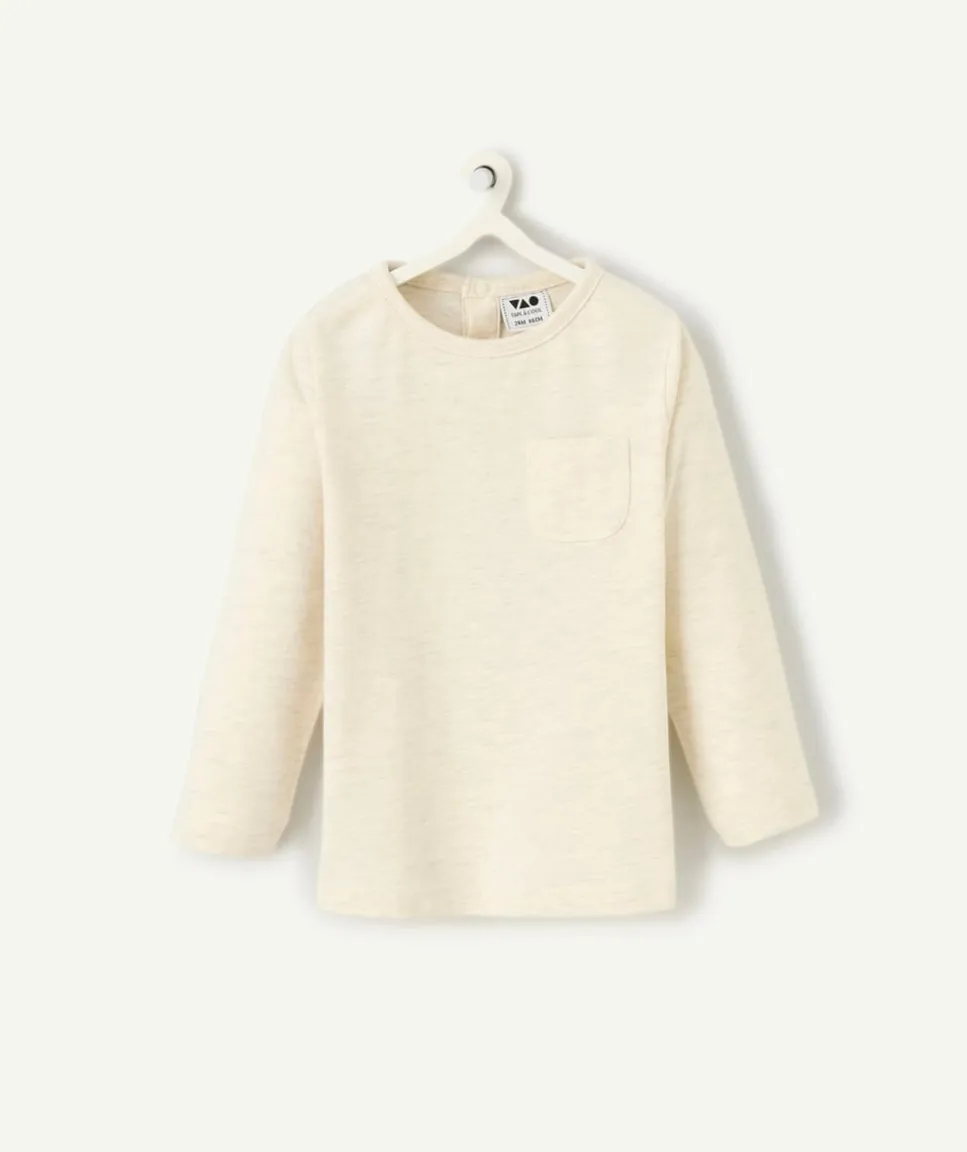 T-shirt manches longues bébé garçon en coton bio écru avec poche sur le cœur