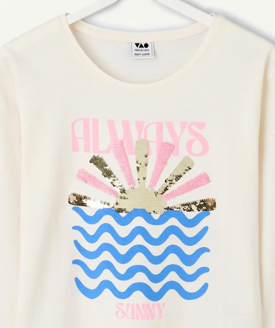 T-shirt manches longues fille coton écru imprimé