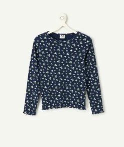 T-shirt manches longues fille imprimé floral bleu