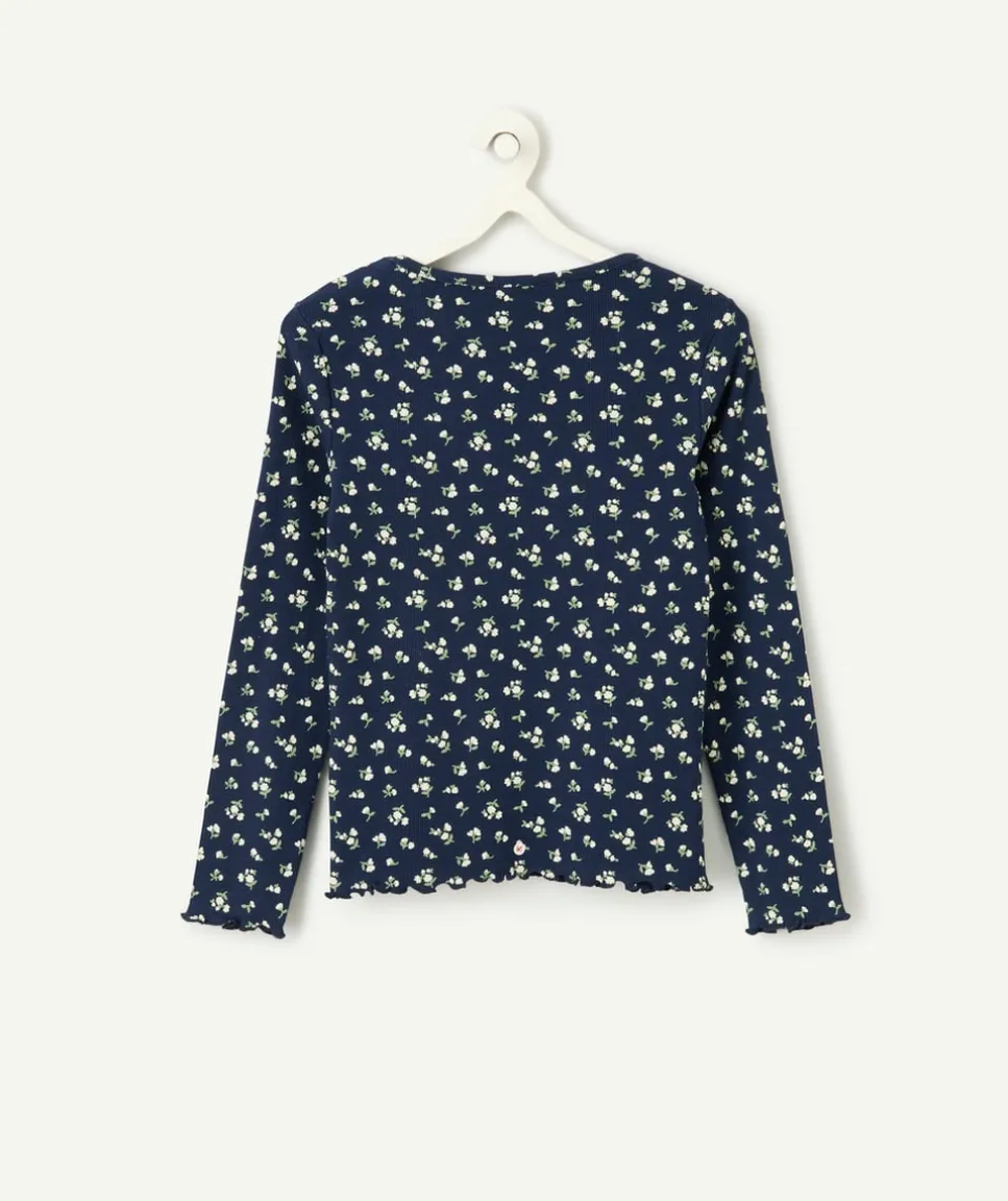 T-shirt manches longues fille imprimé floral bleu