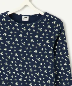 T-shirt manches longues fille imprimé floral bleu