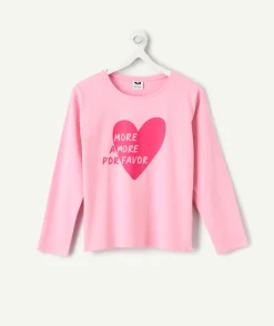 T-shirt manches longues fille coton rose imprimé cœur