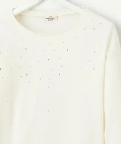 T-shirt manches longues fille en coton bio écru avec des strass