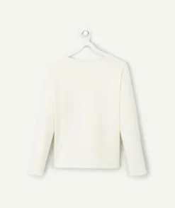 T-shirt manches longues fille en coton bio écru avec des strass