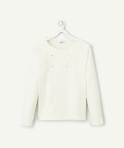 T-shirt manches longues fille en coton bio écru avec des strass