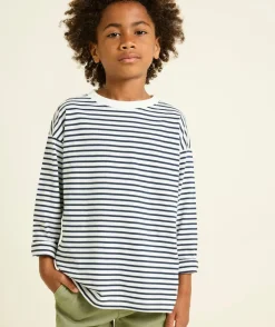 T-shirt manches longues garçon rayé blanc et bleu marine