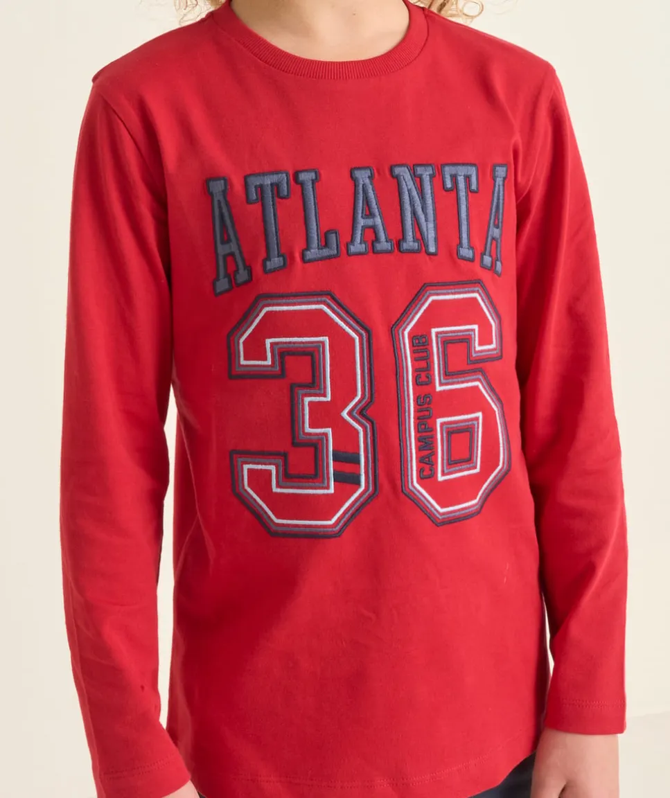 T-shirt manches longues garçon en coton bio rouge thème campus
