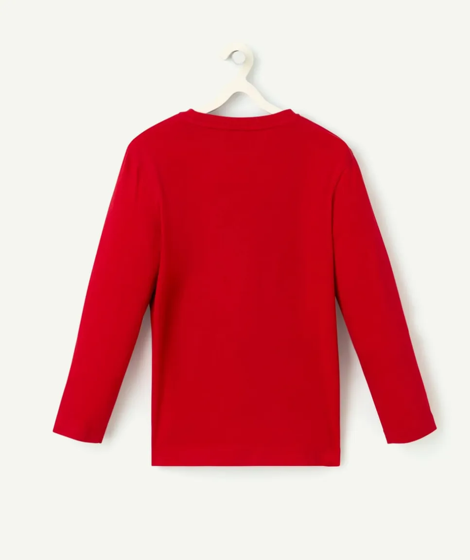 T-shirt manches longues garçon en coton bio rouge thème campus