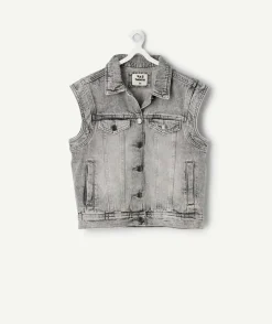Veste fille sans manches en jean gris