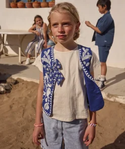 Veste sans manche fille brodé bleu