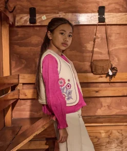 Veste sans manches fille brodée écru