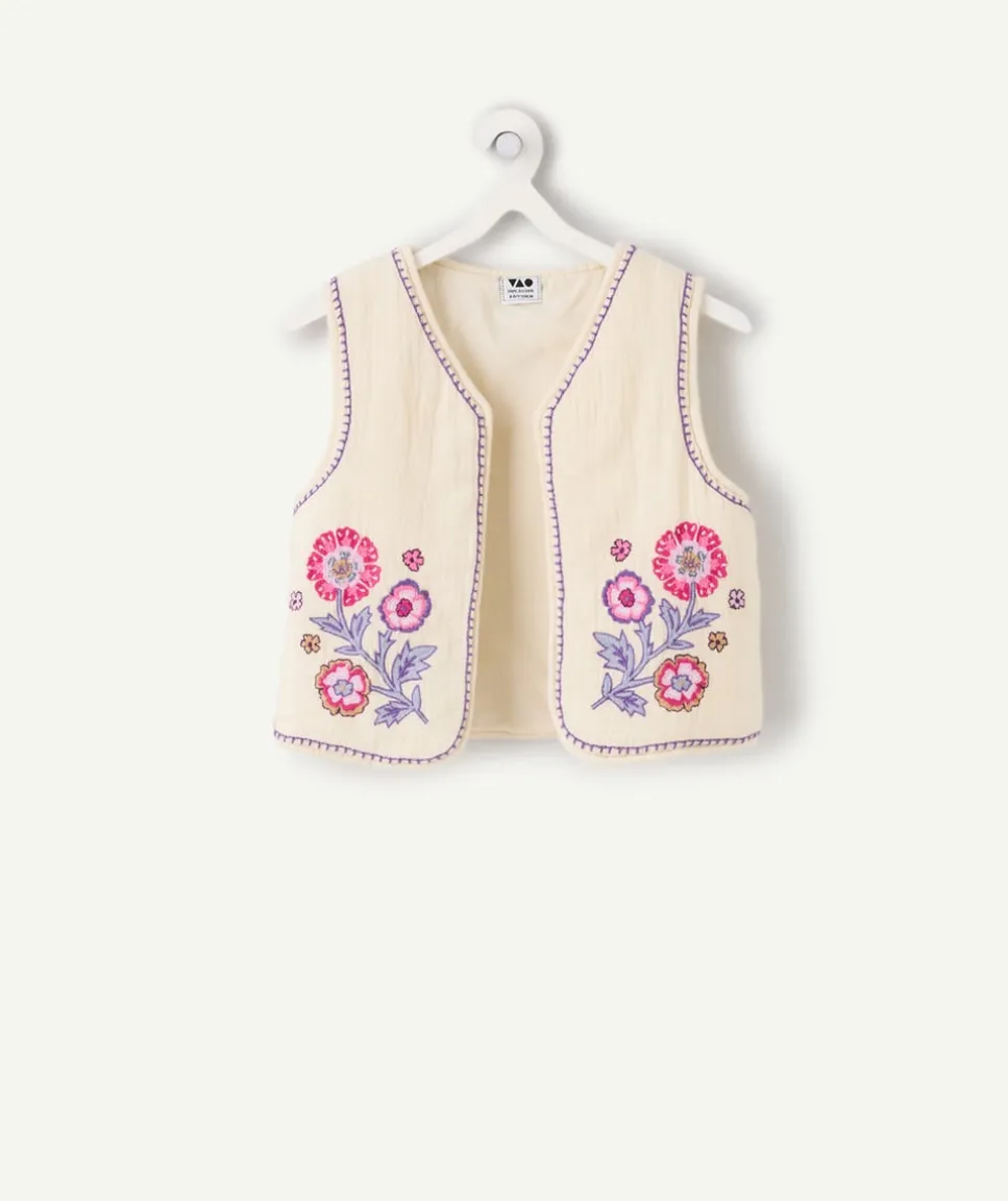 Veste sans manches fille brodée écru