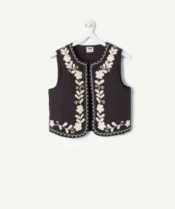 Veste sans manches fille coton noir brodé