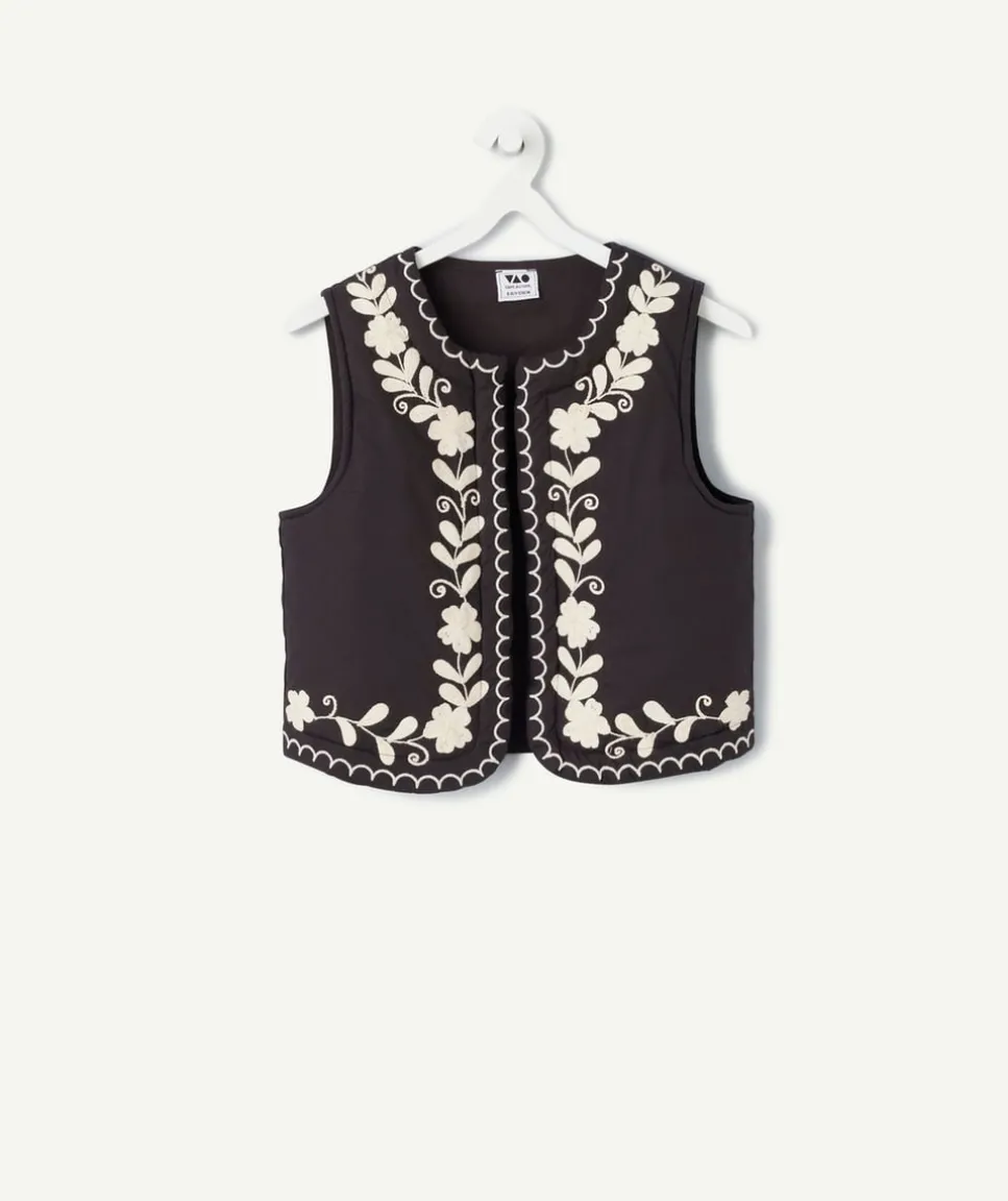 Veste sans manches fille coton noir brodé