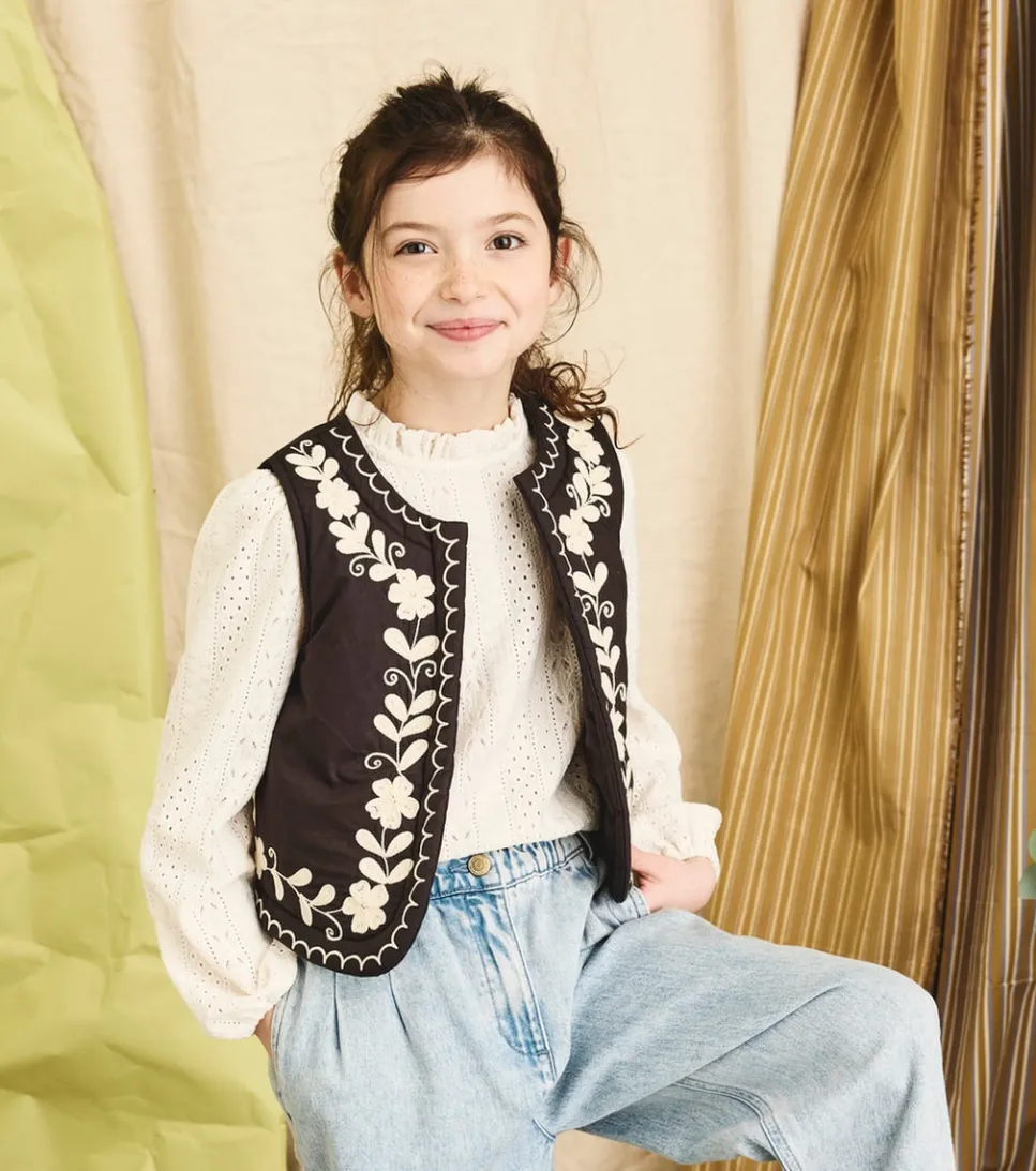 Veste sans manches fille coton noir brodé