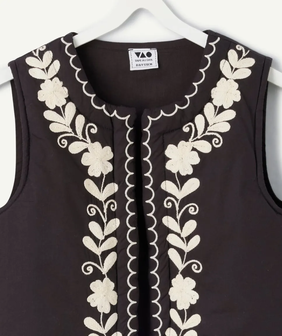Veste sans manches fille coton noir brodé